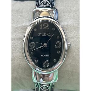Studio Time Silver And Black Tone Women’s Cuff Watch